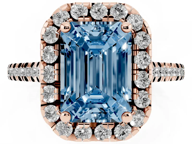 Emerald Cut Halo Engagement Ring Setting for a Fancy Blue Lab-Grown Diamond | Tapered Band | Rose Gold