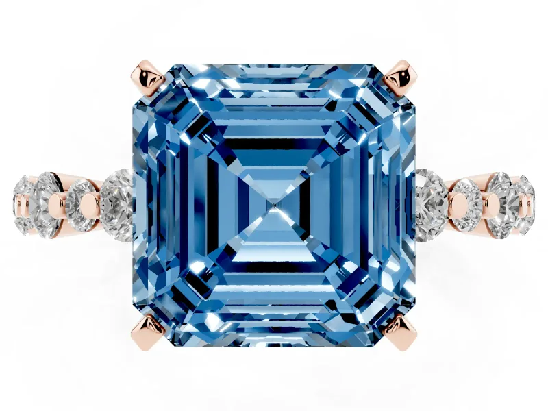 Fancy Blue Asscher Cut Diamond Prong Set Engagement Ring Set in Rose gold with Round Accent Pavé Band