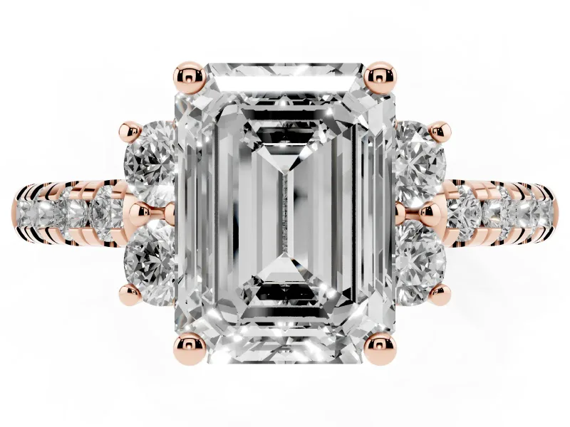 Emerald Cut Side Stone Pave Engagement Ring Setting | Paired Round Accents | Rose Gold