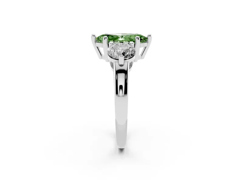 Fancy Green Marquise Cut Diamond Three-Stone Ring Set in Silver with Prong Setting and Classic Band