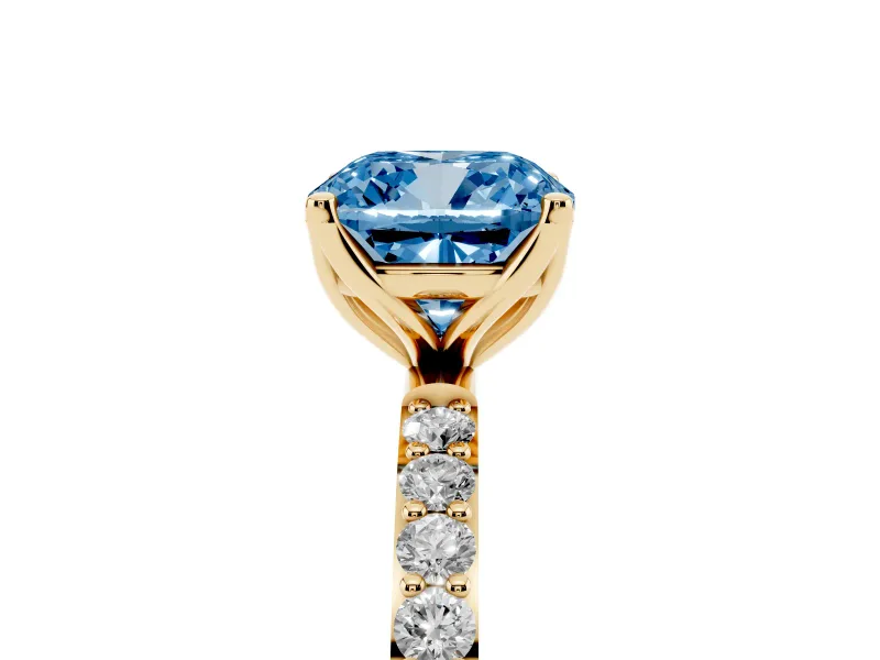 Cushion Cut Pave Solitaire Engagement Ring Setting for a Fancy Blue Lab-Grown Diamond | Slim Band | Yellow Gold