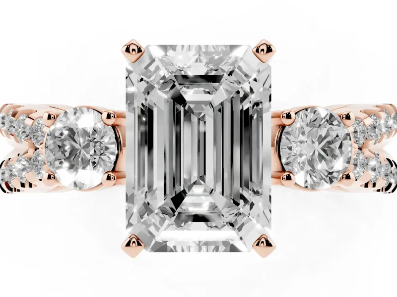 Emerald Cut Three Stone Engagement Ring Setting | Pavé Split Shank | Rose Gold
