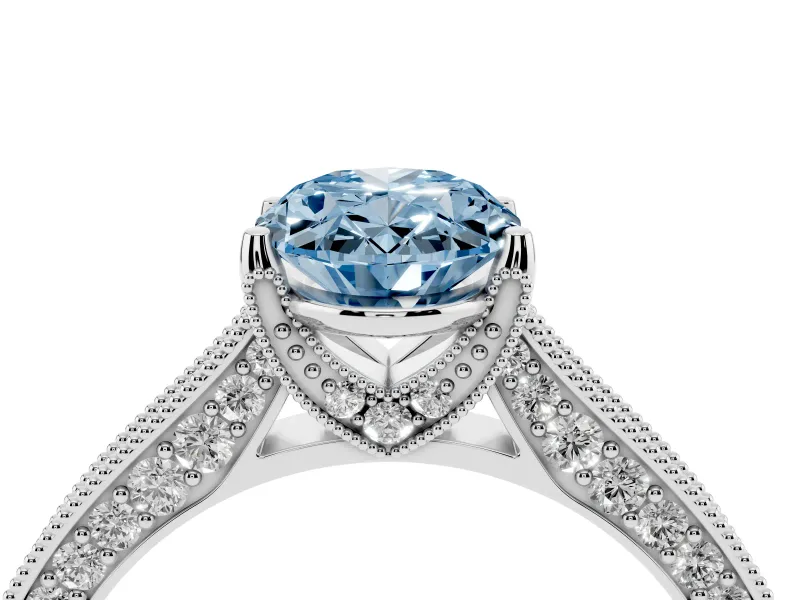 Oval Hidden Halo Engagement Ring Setting for a Fancy Blue Lab-Grown Diamond | Milgrain Pave | Sterling Silver