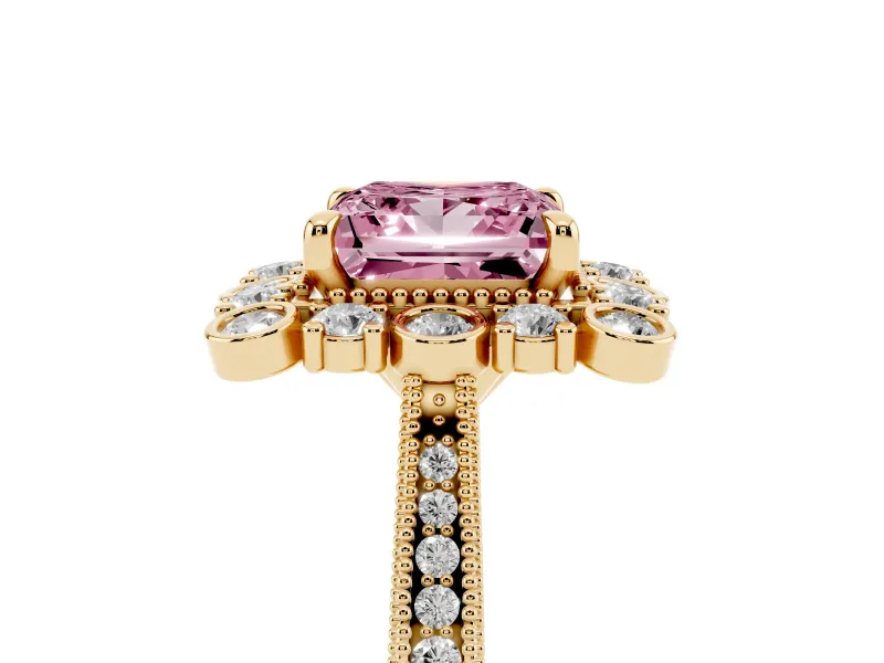 Princess Cut Scalloped Halo Engagement Ring Setting for a Fancy Pink Lab-Grown Diamond | Milgrain Edges | Yellow Gold