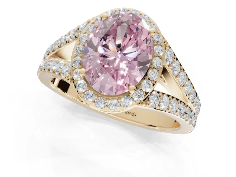 Oval Halo Pavé Engagement Ring Setting for a Fancy Pink Lab-Grown Diamond | Narrow Split Shank | Yellow Gold