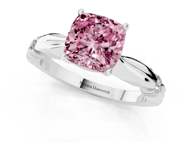 Fancy Pink Cushion Cut Diamond Solitaire Twisted Band Ring Set in Platinum with Accent Stones and Prong Setting