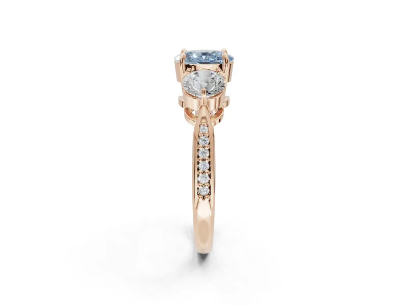 Cushion Cut Three Stone Engagement Ring Setting for a Fancy Blue Lab-Grown Diamond | Tapered Pave Band | Rose Gold