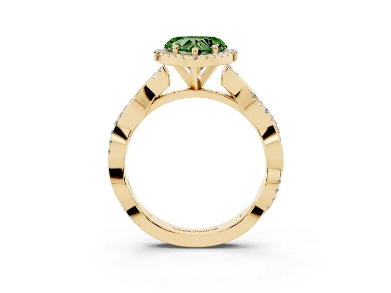 Fancy Green Heart Cut Diamond Halo Twisted Band Ring Set in Yellow gold with Prong Setting