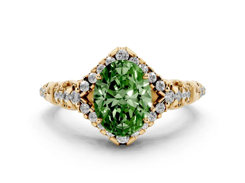Fancy Green Oval Cut Diamond Solitaire Ring Set in Yellow gold with Hidden Halo and Pavé Band