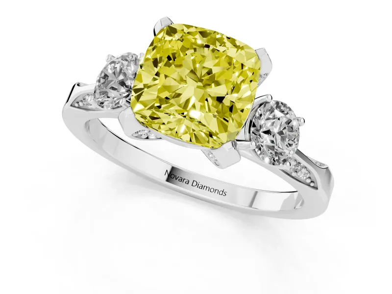 Cushion Cut Hidden Halo Three Stone Engagement Ring Setting for a Fancy Yellow Lab-Grown Diamond | Platinum