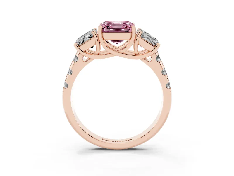 Asscher Cut Three Stone Engagement Ring Setting for a Fancy Pink Lab-Grown Diamond | Accented Shoulders | Rose Gold