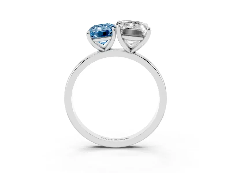 Fancy Blue Emerald Cut and Emerald Cut Toi Moi Ring Set in White gold with Prong Setting