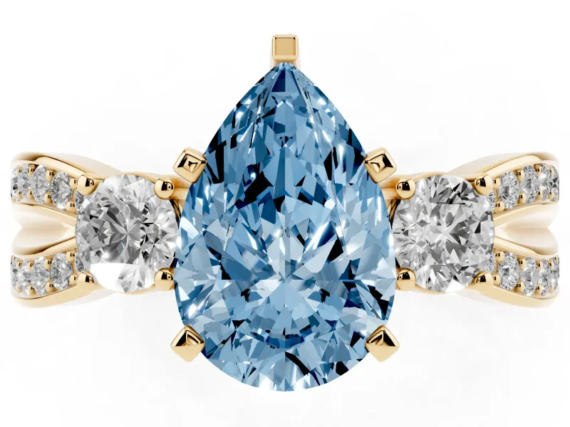 Fancy Blue Three-Stone Pear Cut Diamond Twist Band Ring Set in Yellow gold with Pavé Accents and Prong Setting
