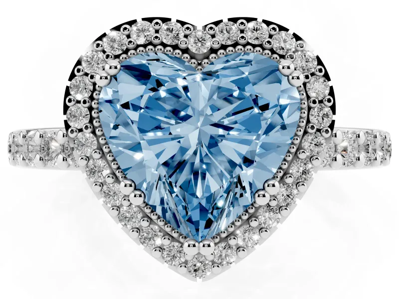 Fancy Blue Heart Cut Diamond Halo Engagement Ring Set in Platinum with Milgrain Detail and Pavé Band