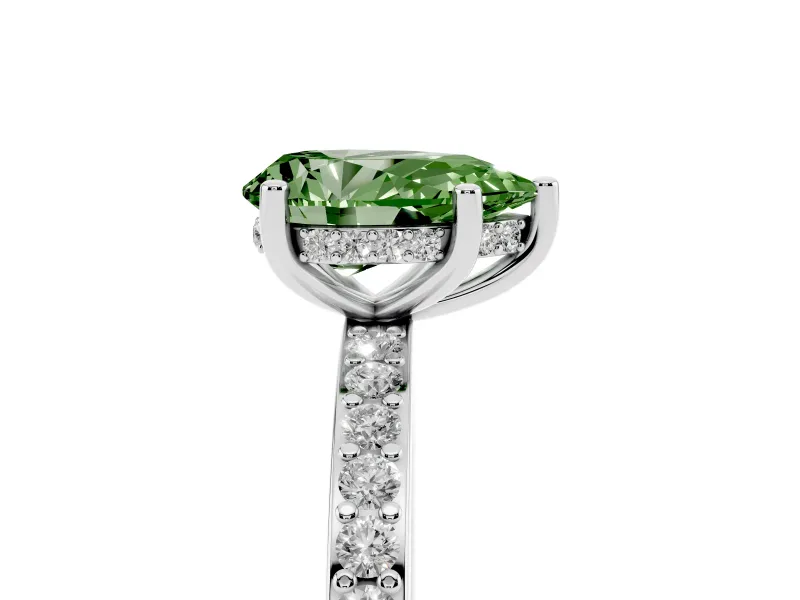 Fancy Green Pear Cut Diamond Pavé Band Ring Set in Silver with Prong-Set Center Stone