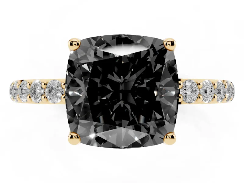 Cushion Cut Pavé Solitaire Engagement Ring Setting for a Black Center | Slim Band | Yellow Gold