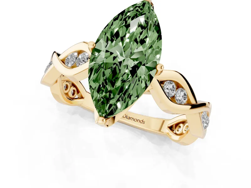 Fancy Green Marquise Cut Diamond Twist Band Solitaire Ring Set in Yellow gold with Leaf Prong Setting and Accent Stones