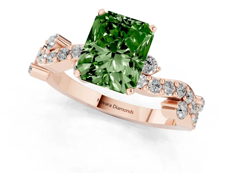 Fancy Green Radiant Cut Diamond Solitaire Twisted Band Set in Rose gold with Pavé Setting