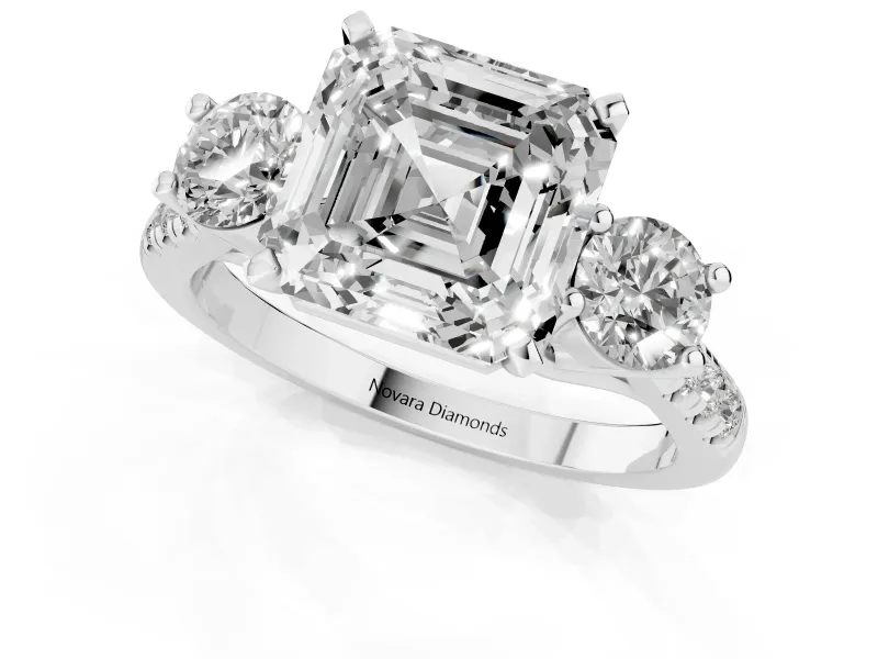 Asscher Cut Three-Stone Pavé Engagement Ring Setting | Round Side Stones | Platinum
