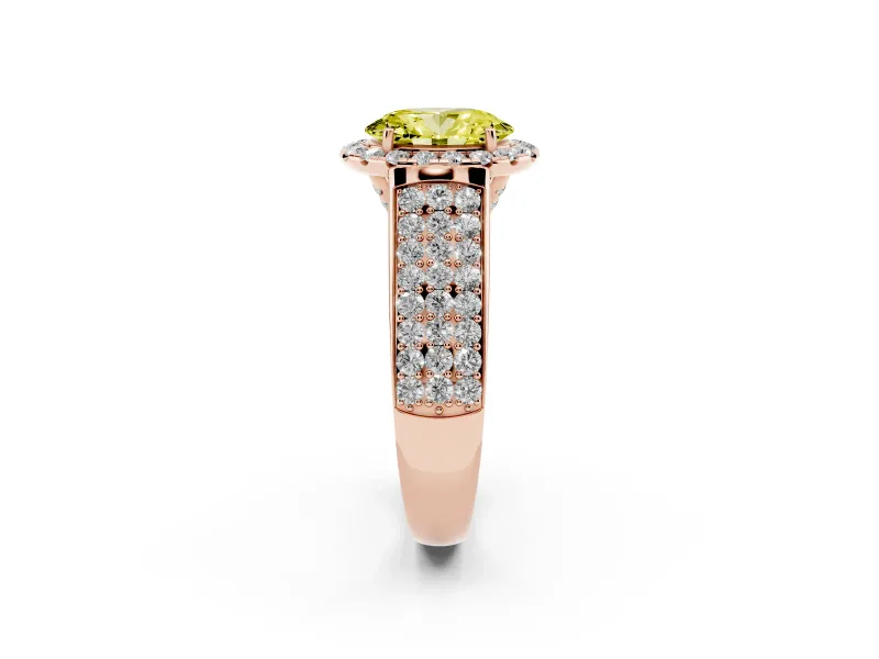 Fancy Yellow Oval Cut Diamond Halo Ring Set in Rose gold with Pavé Band and Raised Center Setting