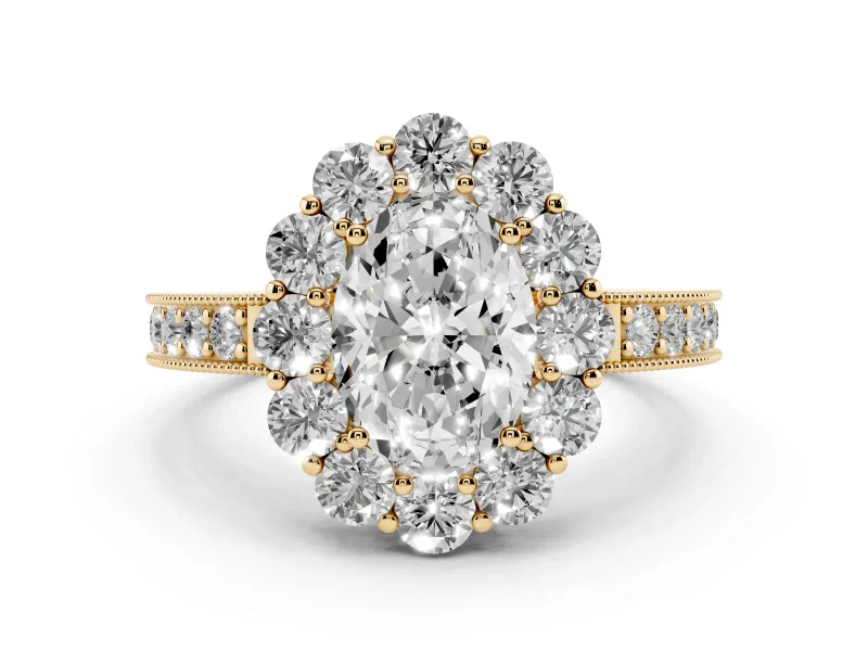 Oval Cut Diamond Halo Pavé Engagement Ring Set in Yellow gold with Milgrain Detailing