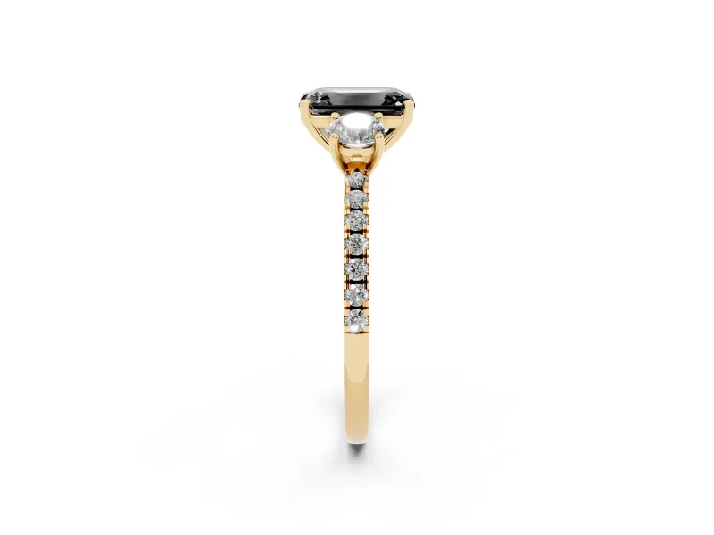 Emerald Cut Three Stone Engagement Ring Setting for a Black Center | Pavé Shoulders | Yellow Gold
