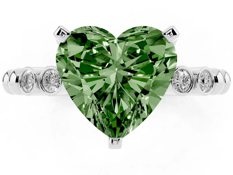 Fancy Green Heart Cut Diamond Solitaire Engagement Ring Set in Platinum with Bezel Accents on Beaded Band