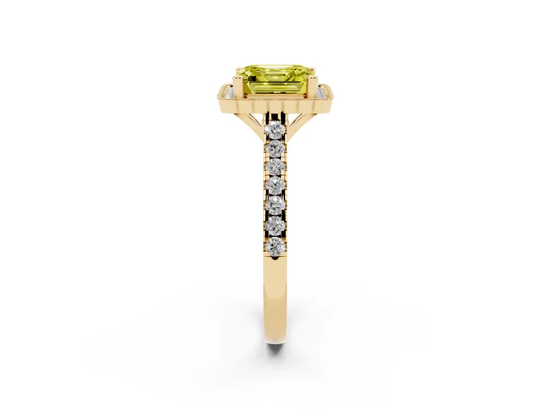 Fancy Yellow Asscher Cut Diamond Milgrain Floral Halo Engagement Ring Set in Yellow gold with Pavé Band