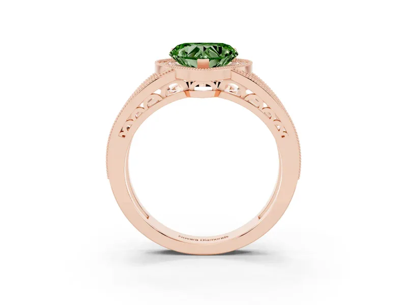 Fancy Green Heart Cut Diamond Halo Ring Set in Rose gold with Accent Split Shank and Prong Setting