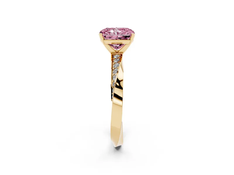 Fancy Pink Radiant Cut Diamond Engagement Ring Set in Yellow gold with Side Stone Accents and Prong Setting