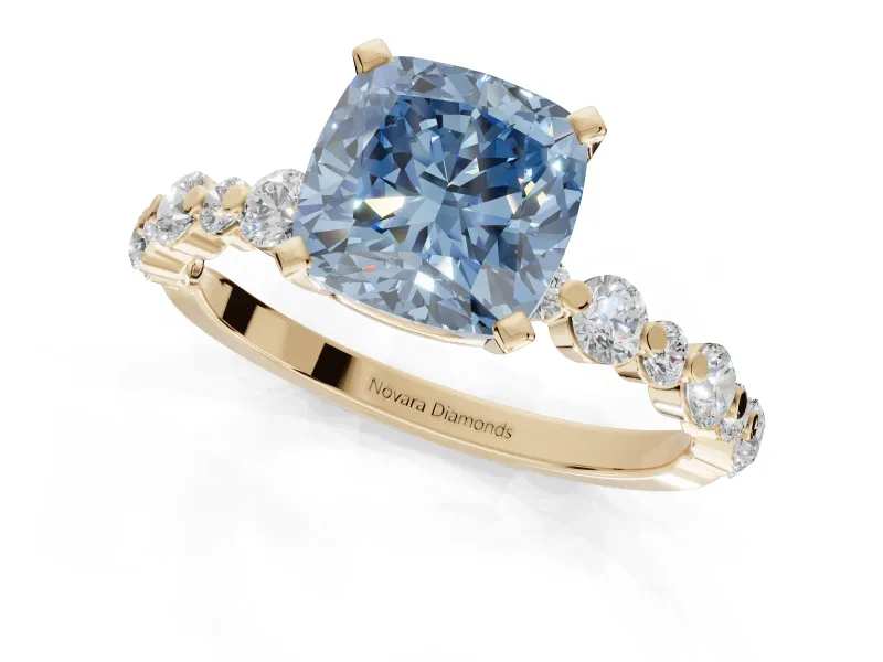 Cushion Cut Pavé Engagement Ring Setting for a Fancy Blue Lab-Grown Diamond | Alternating Accents | Yellow Gold