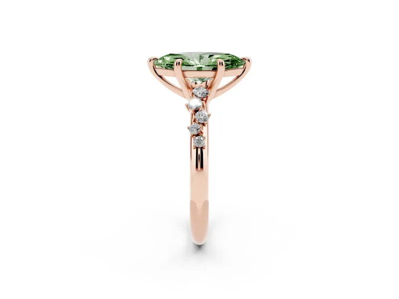 Fancy Green Marquise Cut Diamond Solitaire Vine Band Ring Set in Rose gold with Round Accents and Prong Setting