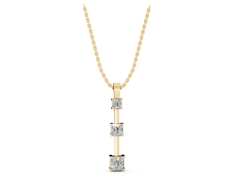 Princess Cut Lab-Grown Diamond Graduated Bar Pendant Necklace | Spaced Settings | Yellow Gold
