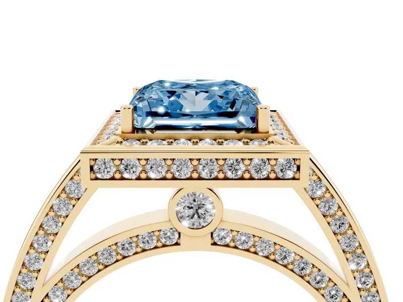 Fancy Blue Princess Cut Diamond Halo Pavé Split Shank Ring Set in Yellow gold with Prong Setting