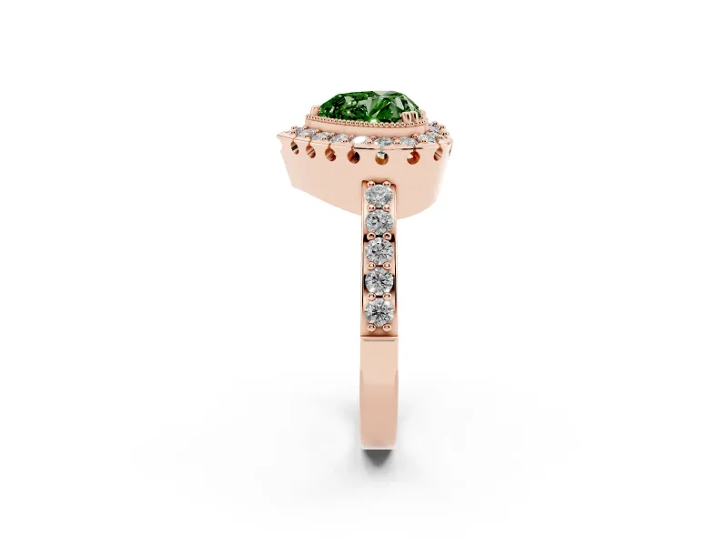 Heart-Shaped Milgrain Halo Engagement Ring Setting for a Fancy Green Lab-Grown Diamond | Pavé Shoulders | Rose Gold