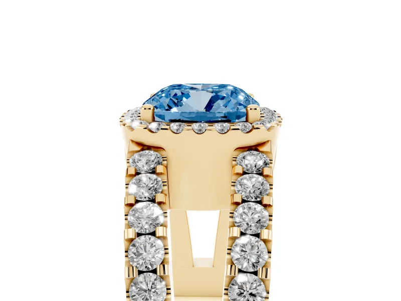 Fancy Blue Cushion Cut Diamond Halo Ring Set in Yellow gold with Pavé Split Shank and Prong Setting