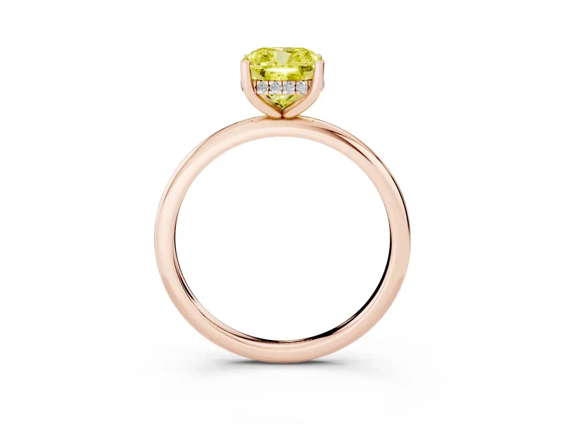 Fancy Yellow Cushion Cut Diamond Solitaire Engagement Ring Set in Rose gold with Prong Setting and Polished Band