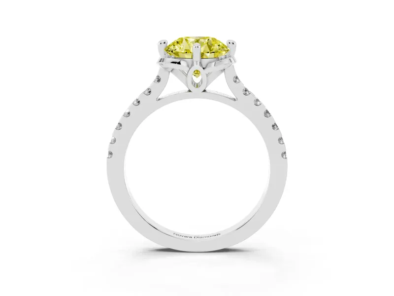 Round Floral Engagement Ring Setting for a Fancy Yellow Lab-Grown Diamond | Pavé Band | Platinum
