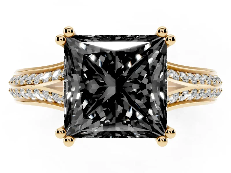 Princess Cut Split Shank Engagement Ring Setting for a Black Center | Pavé Band | Yellow Gold