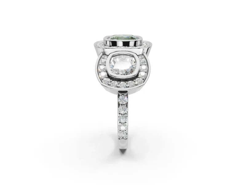 Cushion Cut Three Stone Halo Engagement Ring Setting for a Fancy Green Lab-Grown Diamond | Platinum
