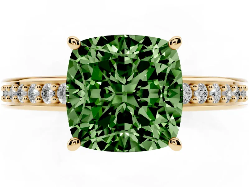 Cushion Cut Pave Solitaire Engagement Ring Setting for a Fancy Green Lab-Grown Diamond | Accented Basket | Yellow Gold