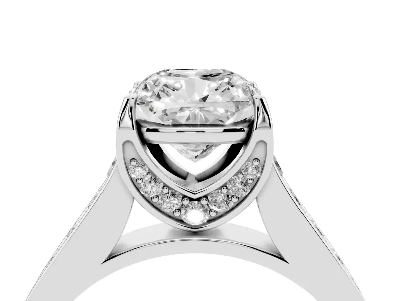 Cushion Cut Diamond Solitaire Pavé Engagement Ring Set in Platinum with Prong Setting