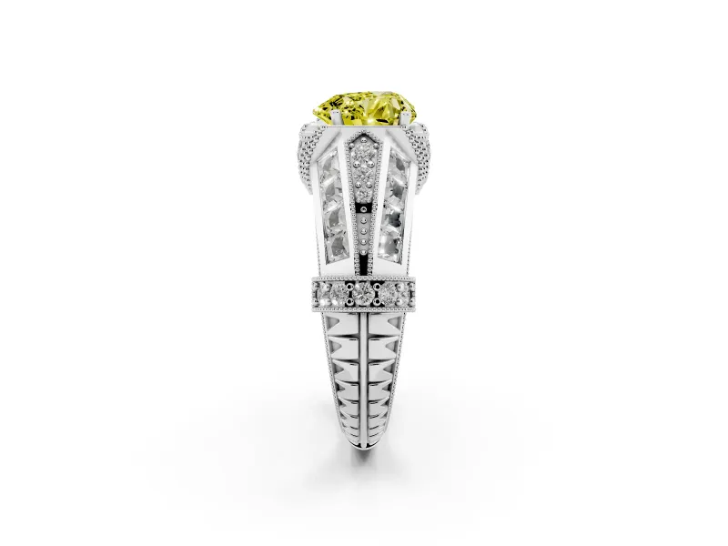 Fancy Yellow Heart Cut Diamond Vintage-Inspired Milgrain Ring Set in White gold with Accent Split Shank