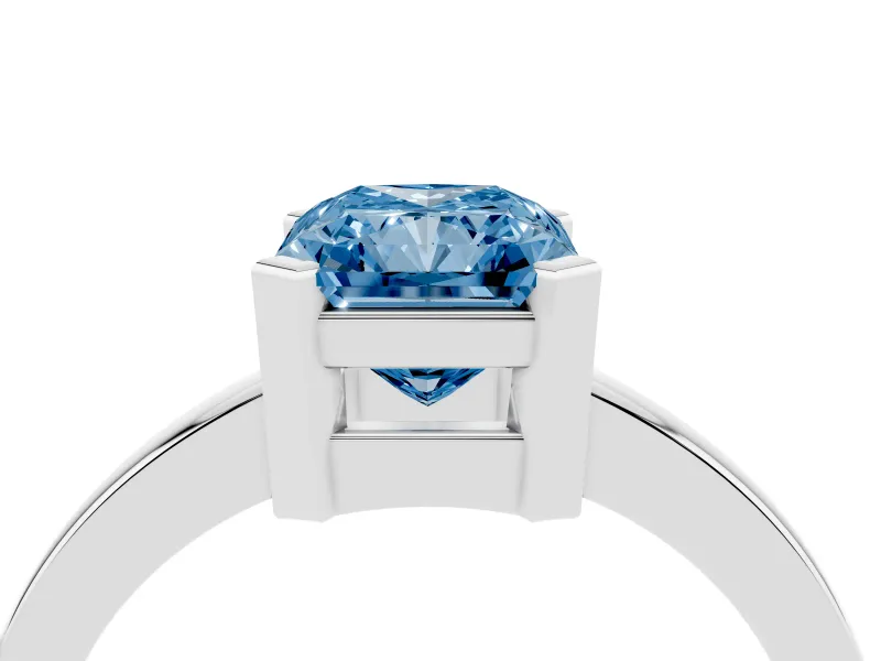 Fancy Blue Radiant Cut Diamond Solitaire Ring Set in Platinum with Prong Head and Smooth Polished Band