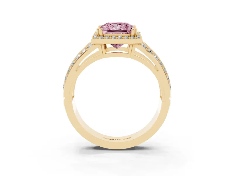 Princess Cut Halo Engagement Ring Setting for a Fancy Pink Lab-Grown Diamond | Two-Row Pave Split Shank | Yellow Gold