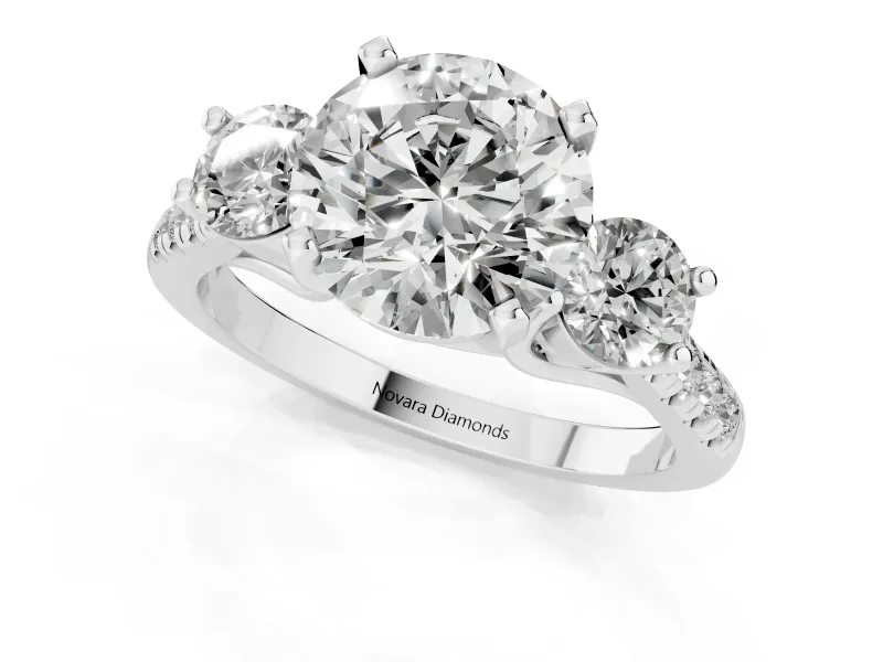 Three-Stone Round Cut Diamond Pavé Band Ring Set in Silver with Prong-Set Trio