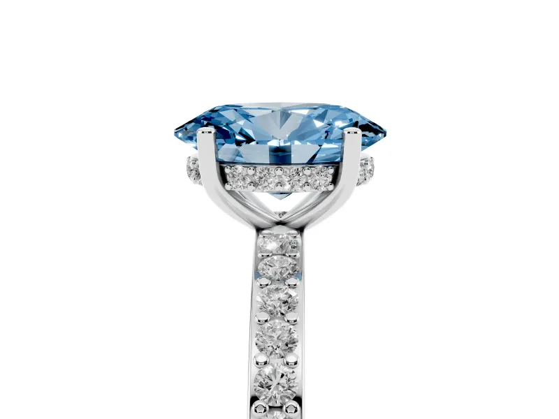 Fancy Blue Oval Cut Diamond Pavé Band Ring Set in Platinum with Prong-Set Center Stone