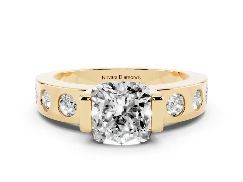 Cushion Cut Diamond Channel-Set Band Ring Set in Yellow gold with Bezel Prong Setting