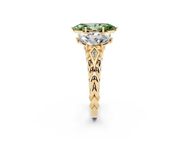 Fancy Green Marquise Cut Diamond Three-Stone Ring Set in Yellow gold with Braided Band