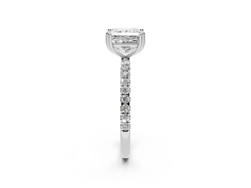 Princess Cut Diamond Brilliant Solitaire Set in White gold with Pavé Band and Claw Prong Setting